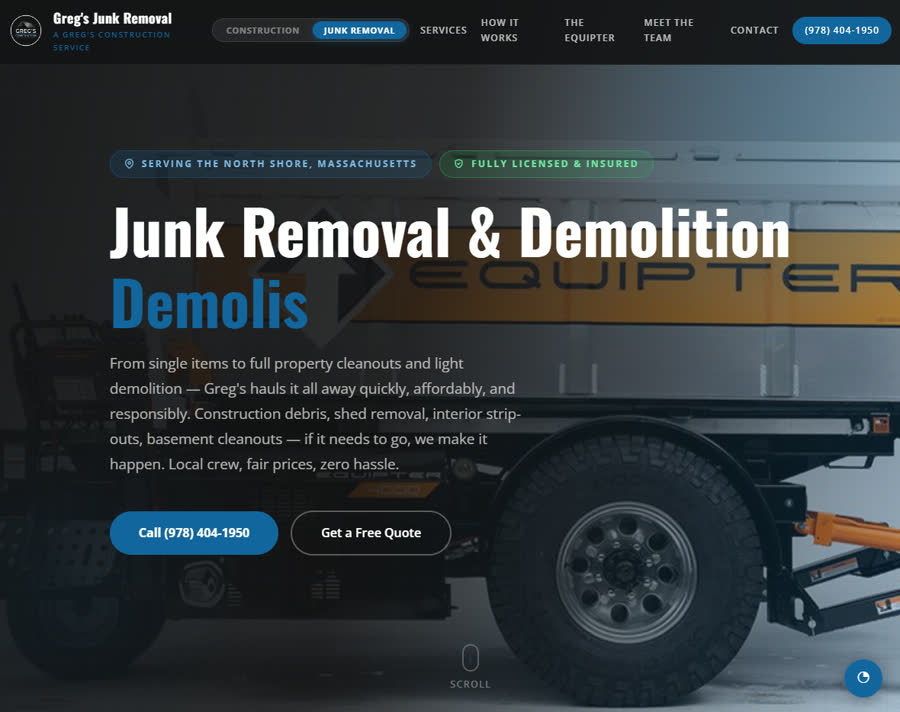 Greg's Junk Removal & Demolition homepage screenshot